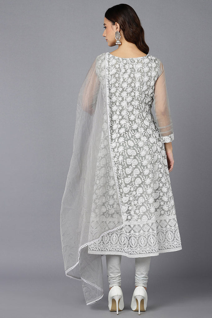  Women Grey Organza Kurta Churidar With Dupatta