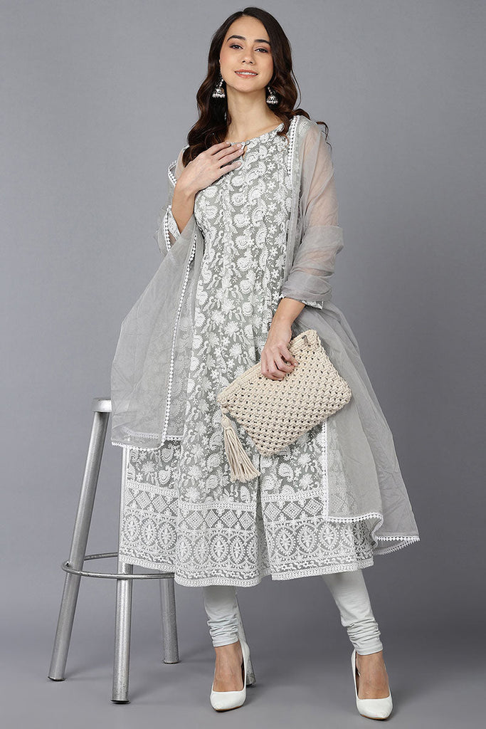  Women Grey Organza Kurta Churidar With Dupatta