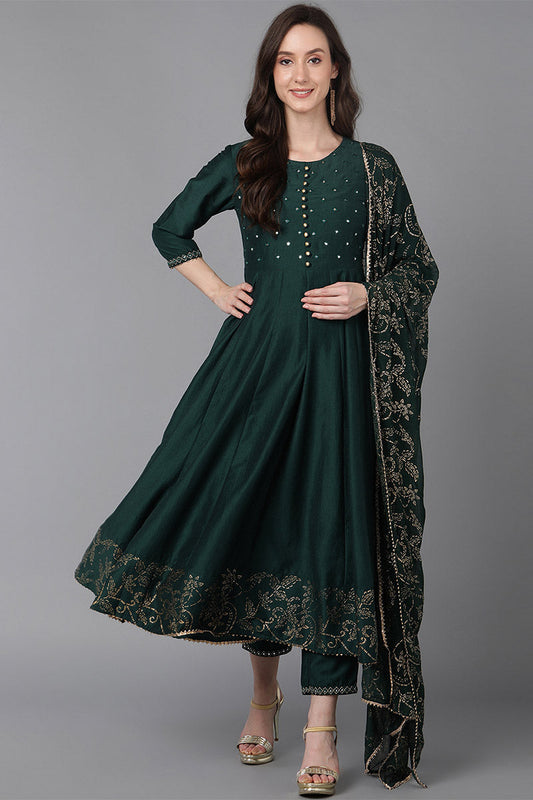  Women Green Poly Silk Ethnic Motifs Solid Kurta Trousers With Dupatta 