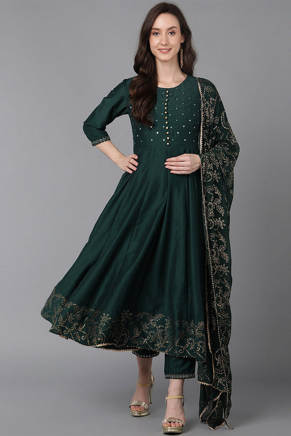  Women Green Poly Silk Ethnic Motifs Solid Kurta Trousers With Dupatta 