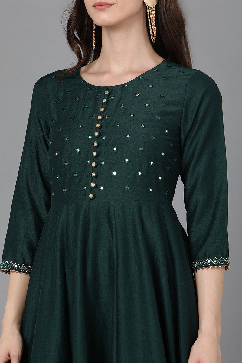  Women Green Poly Silk Ethnic Motifs Solid Kurta Trousers With Dupatta 