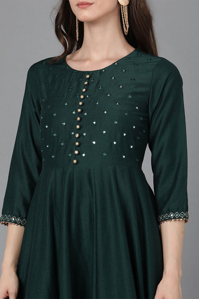  Women Green Poly Silk Ethnic Motifs Solid Kurta Trousers With Dupatta 