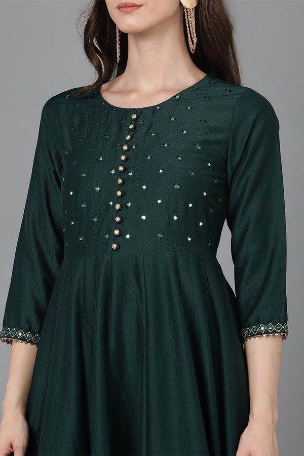  Women Green Poly Silk Ethnic Motifs Solid Kurta Trousers With Dupatta 