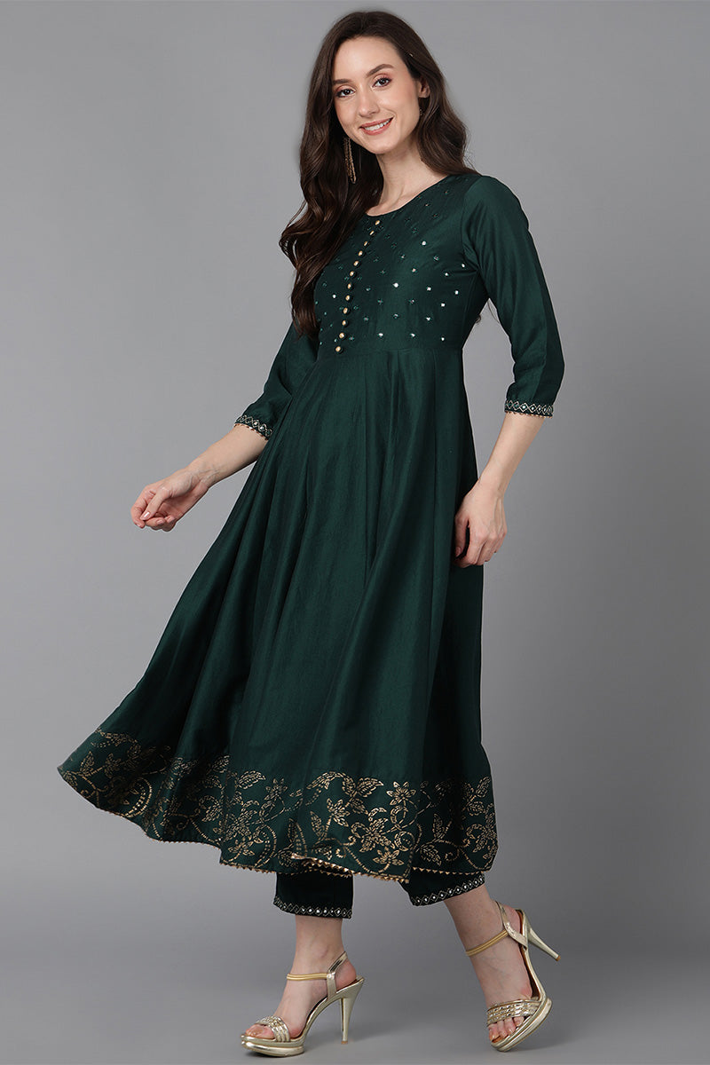  Women Green Poly Silk Ethnic Motifs Solid Kurta Trousers With Dupatta 