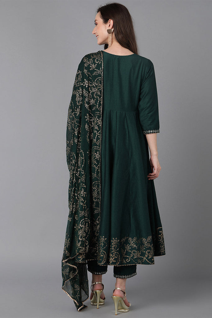  Women Green Poly Silk Ethnic Motifs Solid Kurta Trousers With Dupatta 