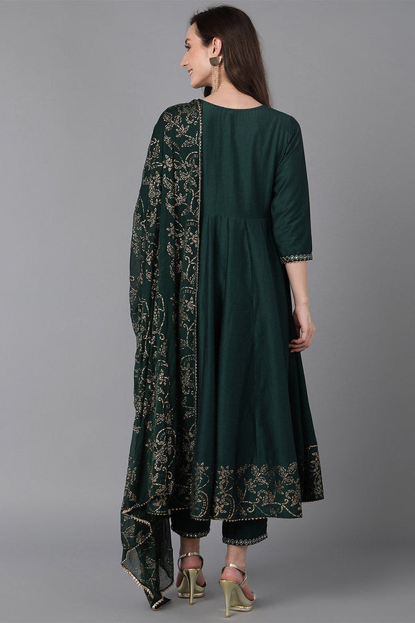  Women Green Poly Silk Ethnic Motifs Solid Kurta Trousers With Dupatta 