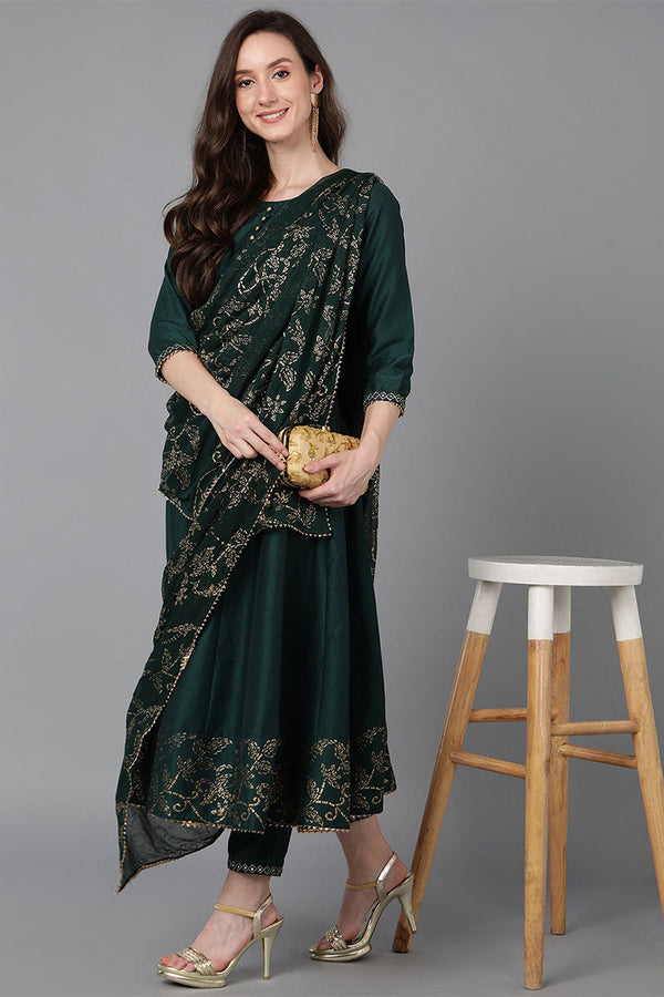  Women Green Poly Silk Ethnic Motifs Solid Kurta Trousers With Dupatta 