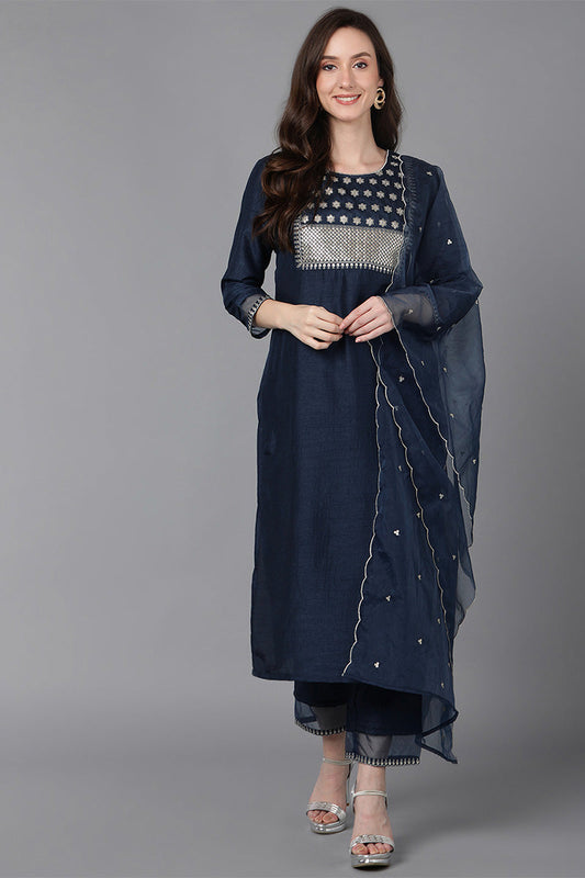  Women Navy Blue Poly Silk Solid Yoke Design Kurta Trousers With Dupatta 