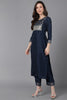  Women Navy Blue Poly Silk Solid Yoke Design Kurta Trousers With Dupatta 