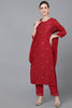  Women Red Poly Silk Ethnic Motifs Yoke Design Kurta Trousers With Dupatta 