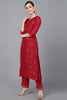  Women Red Poly Silk Ethnic Motifs Yoke Design Kurta Trousers With Dupatta 