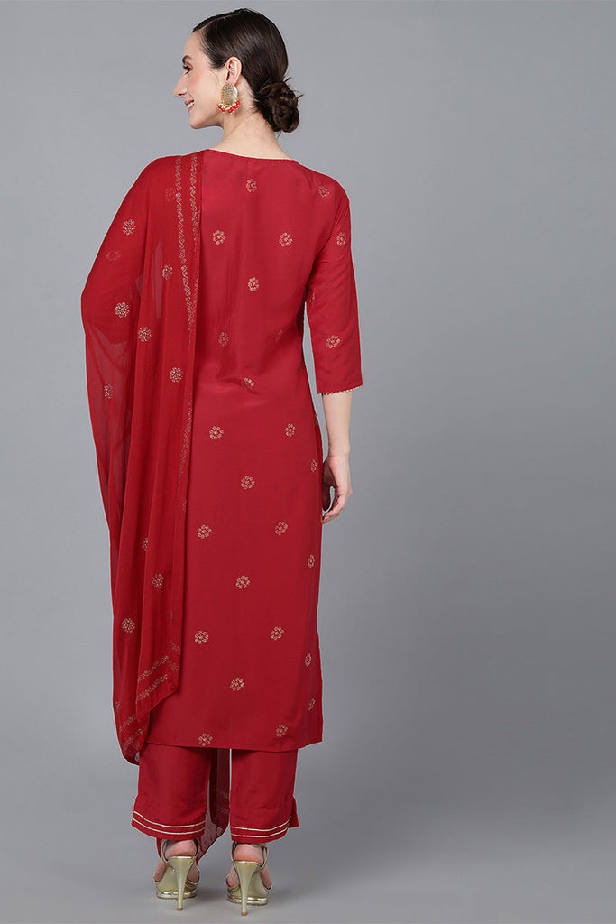  Women Red Poly Silk Ethnic Motifs Yoke Design Kurta Trousers With Dupatta 