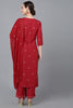  Women Red Poly Silk Ethnic Motifs Yoke Design Kurta Trousers With Dupatta 