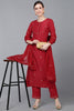  Women Red Poly Silk Ethnic Motifs Yoke Design Kurta Trousers With Dupatta 