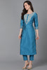 Blue Poly Silk Solid Yoke Design Kurta Trousers With Dupatta PKSKD1588