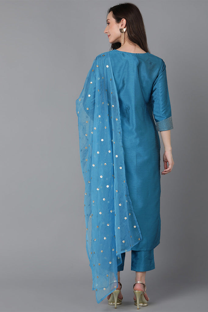 Blue Poly Silk Solid Yoke Design Kurta Trousers With Dupatta PKSKD1588