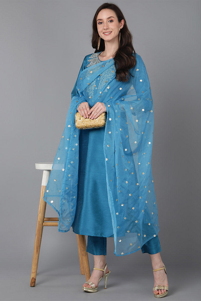 Blue Poly Silk Solid Yoke Design Kurta Trousers With Dupatta PKSKD1588