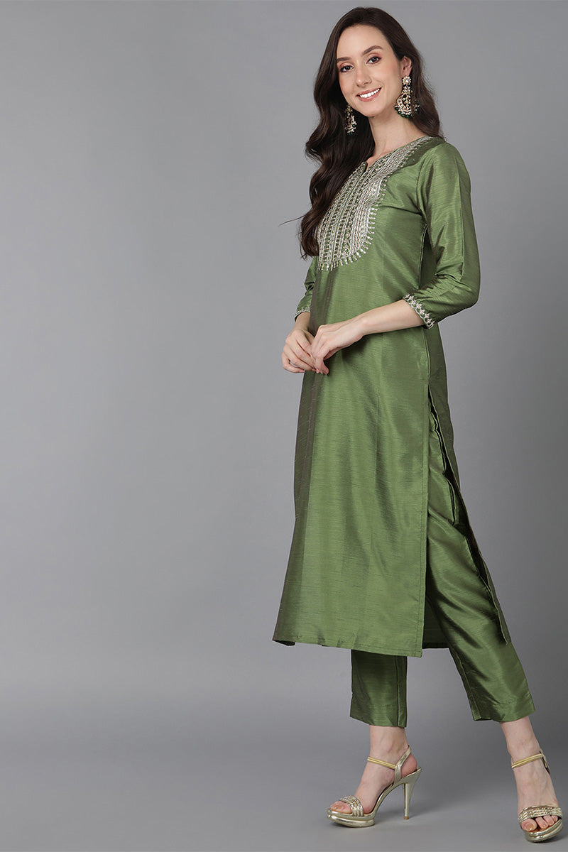 Green Poly Silk Solid Yoke Design Suit Set PKSKD1591