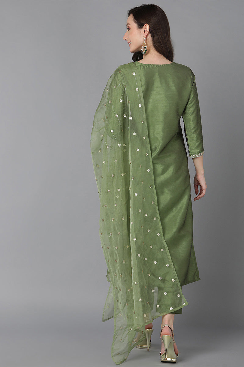 Green Poly Silk Solid Yoke Design Suit Set PKSKD1591