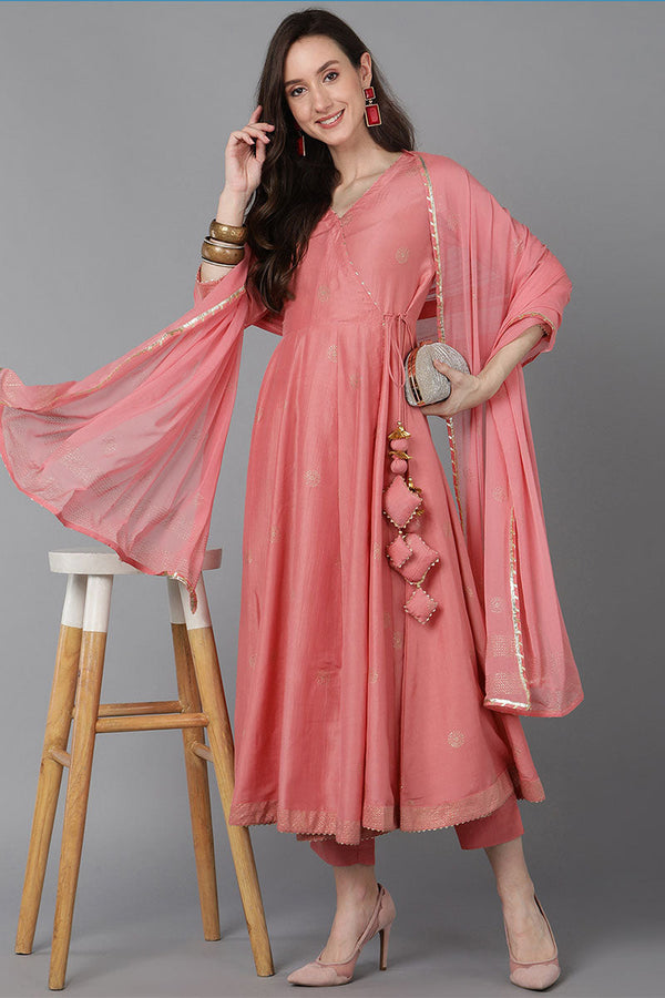 Pink Poly Silk Solid Solid Kurta Trousers With Dupatta PKSKD1594