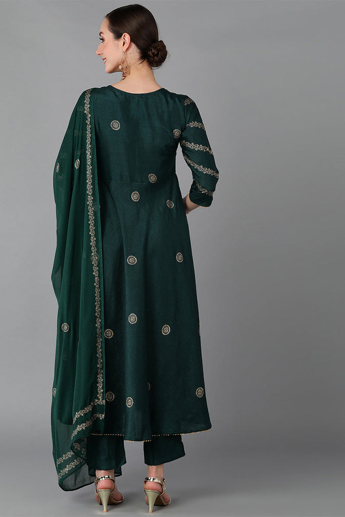  Women Green Silk Blend Solid Kurta Trousers With Dupatta 