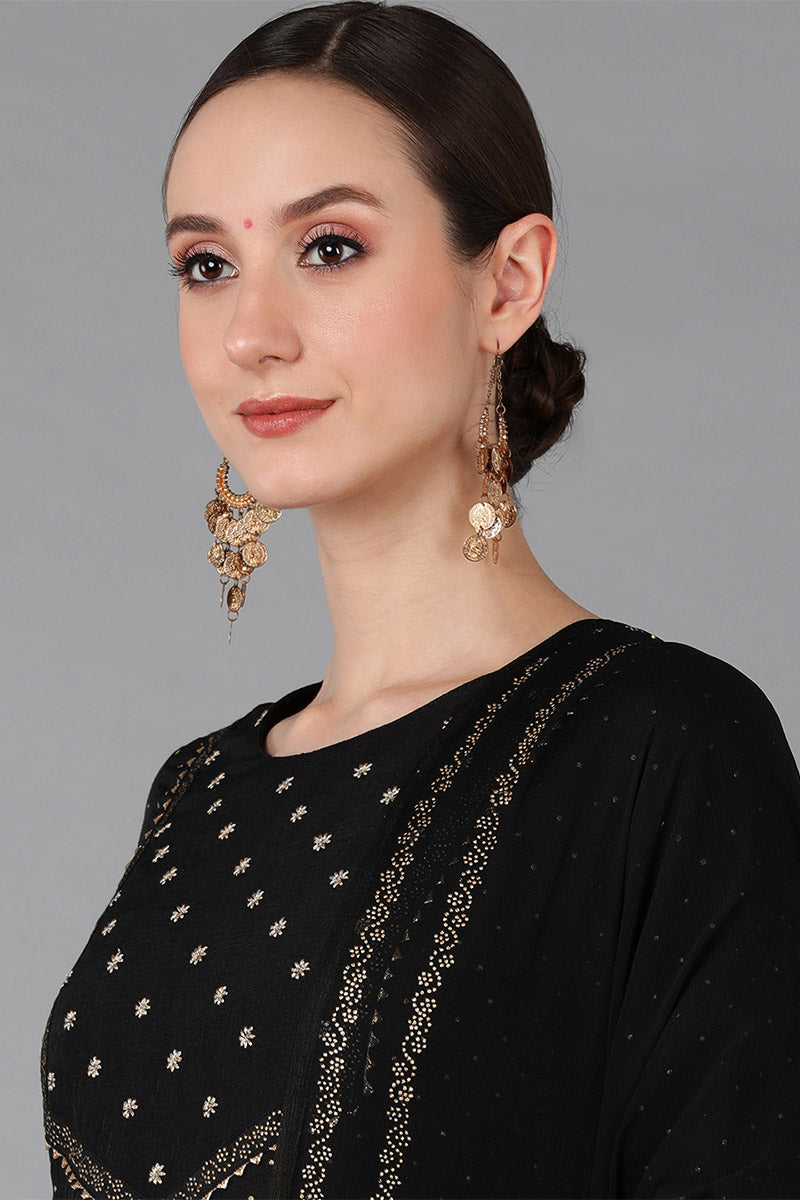  Women Black Silk Blend Yoke Design Kurta Trousers With Dupatta 