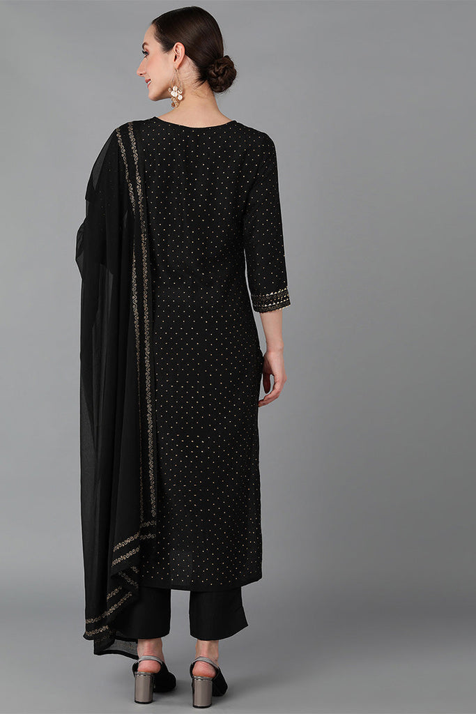  Women Black Silk Blend Yoke Design Kurta Trousers With Dupatta 