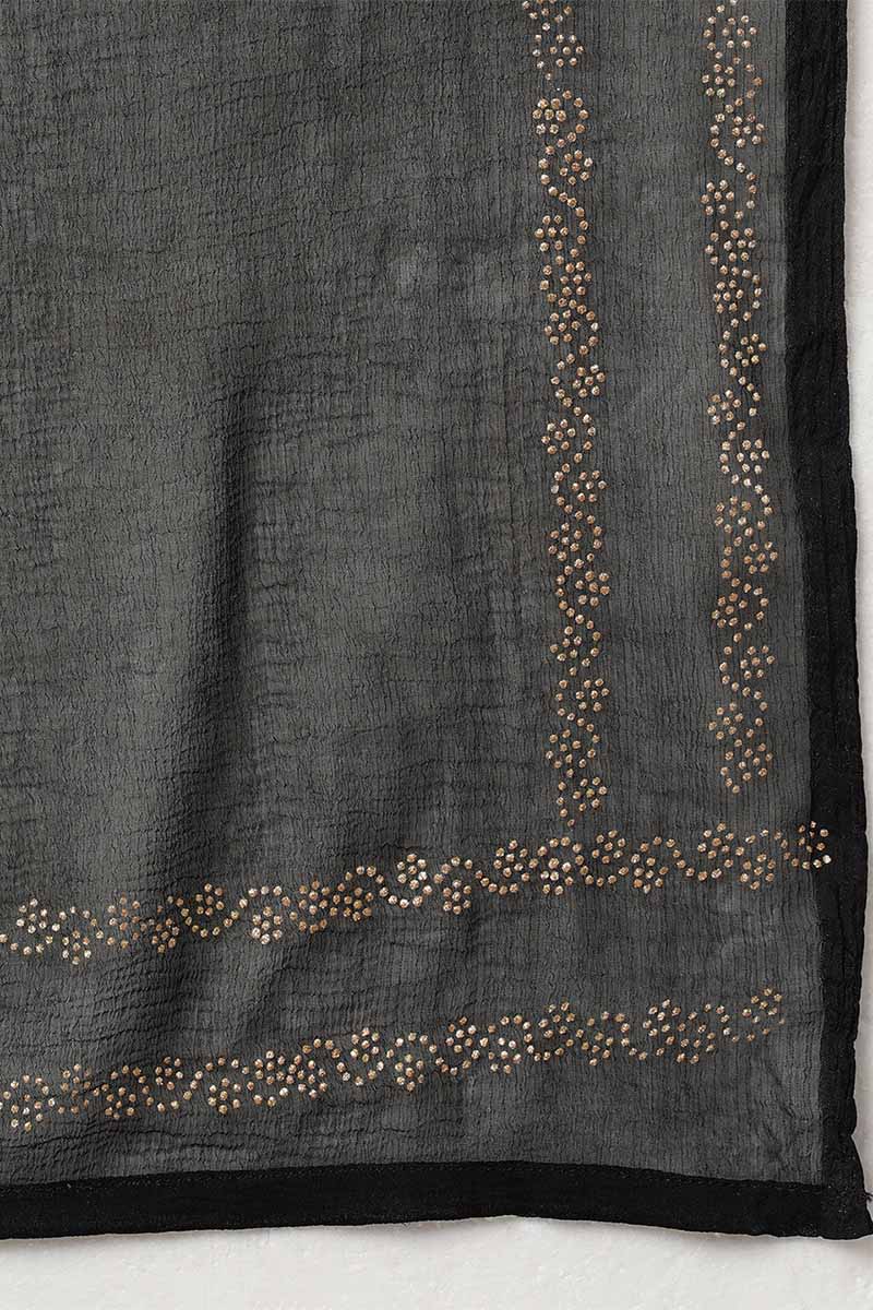  Women Black Silk Blend Yoke Design Kurta Trousers With Dupatta 