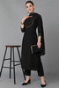  Women Black Silk Blend Yoke Design Kurta Trousers With Dupatta 