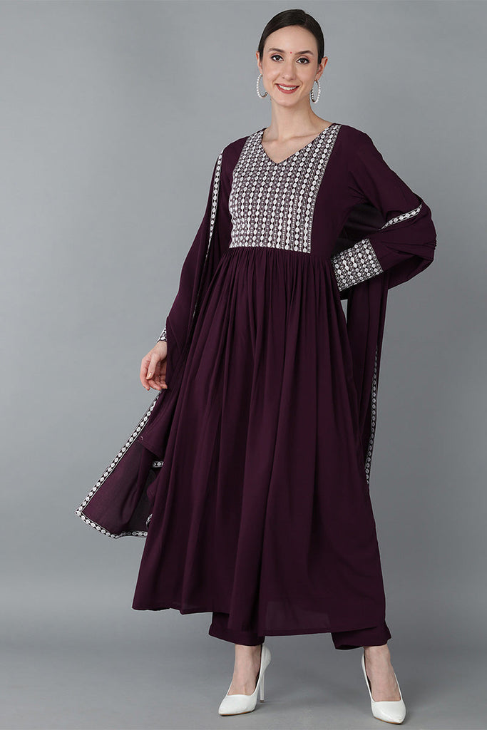  Women Burgundy Poly Georgette Yoke Design Kurta Trousers With Dupatta 