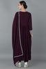  Women Burgundy Poly Georgette Yoke Design Kurta Trousers With Dupatta 