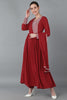  Women Red Poly Georgette Yoke Design Kurta Trousers With Dupatta 