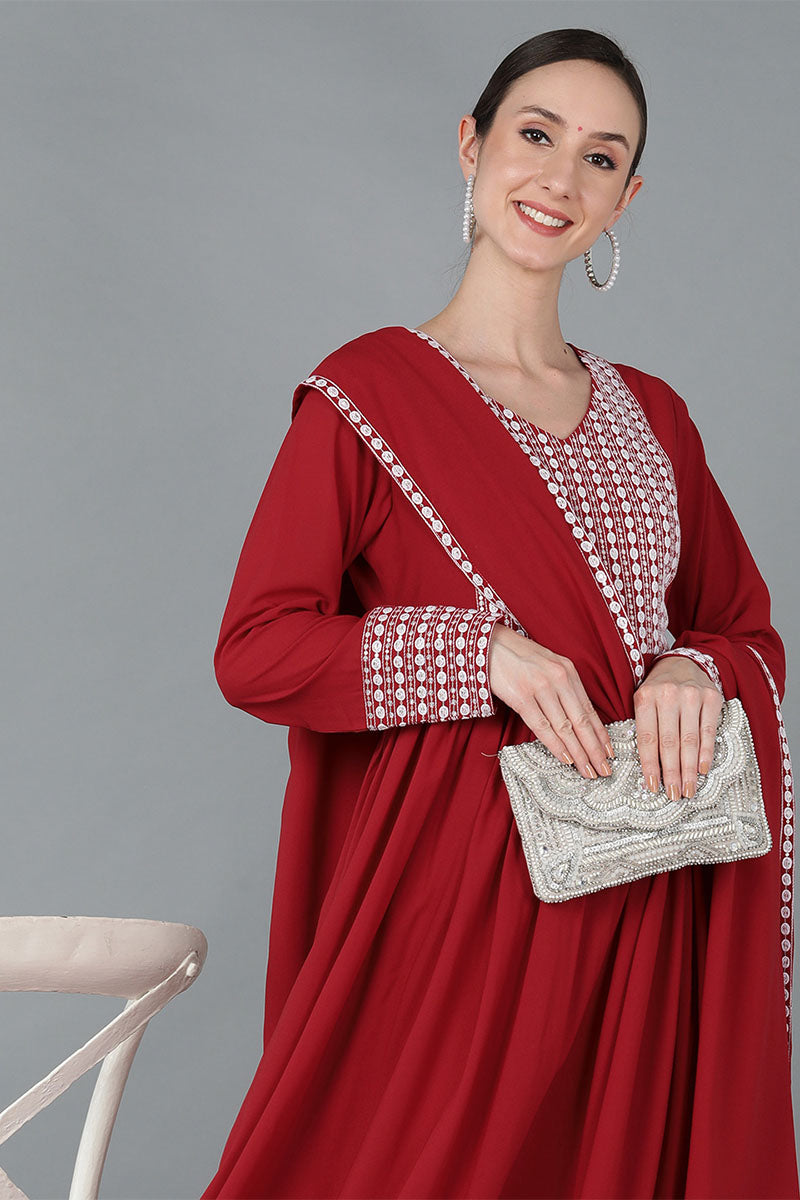  Women Red Poly Georgette Yoke Design Kurta Trousers With Dupatta 