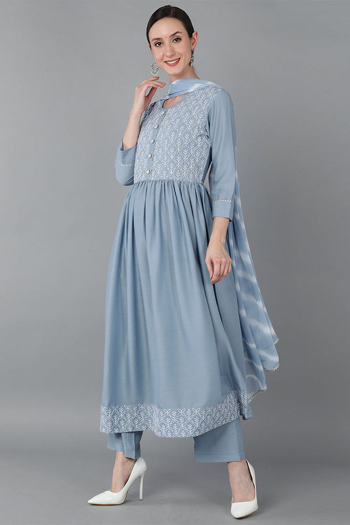  Women Blue Silk Blend Yoke Design Kurta Trousers With Dupatta 