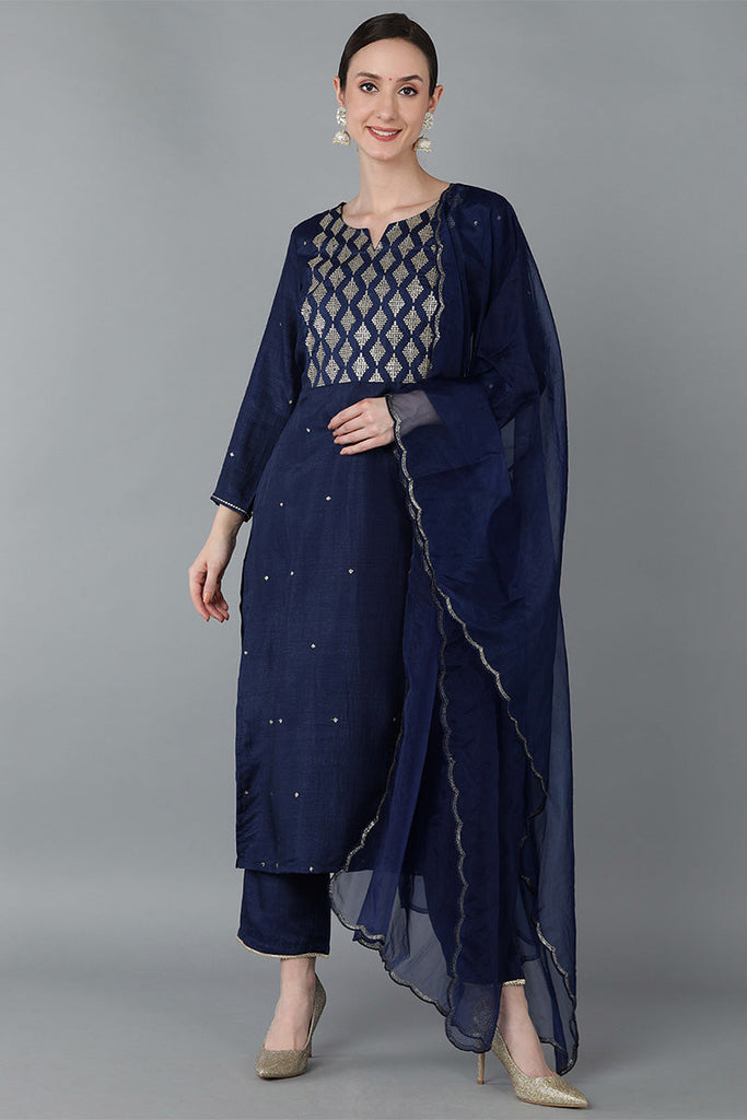  Women Navy Blue Silk Blend Yoke Design Solid Kurta Trousers With Dupatta 