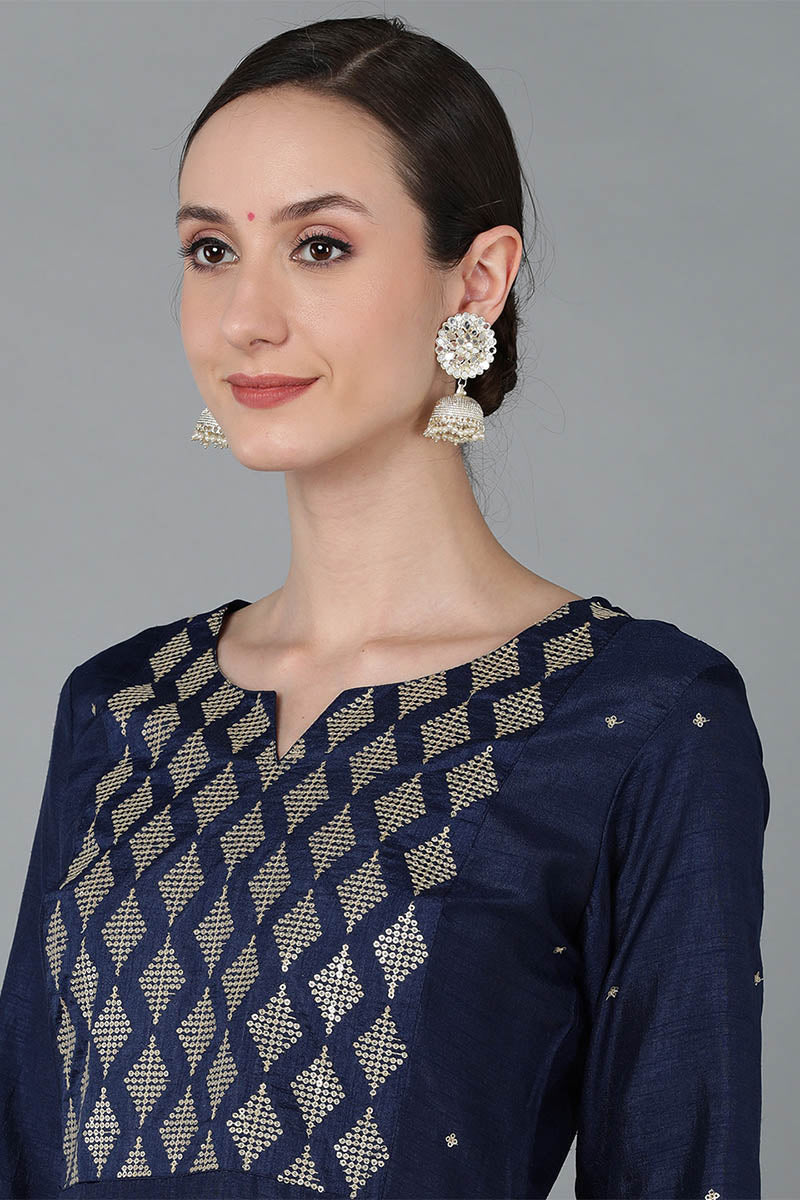  Women Navy Blue Silk Blend Yoke Design Solid Kurta Trousers With Dupatta 