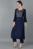  Women Navy Blue Silk Blend Yoke Design Solid Kurta Trousers With Dupatta 