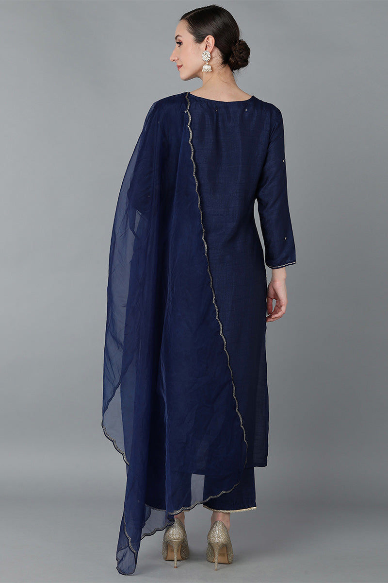  Women Navy Blue Silk Blend Yoke Design Solid Kurta Trousers With Dupatta 