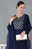  Women Navy Blue Silk Blend Yoke Design Solid Kurta Trousers With Dupatta 