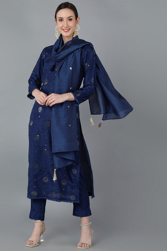  Women Navy Blue Silk Blend Solid Kurta Trousers With Dupatta 