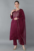  Women Burgundy Silk Blend Yoke Design Kurta Trousers With Dupatta 