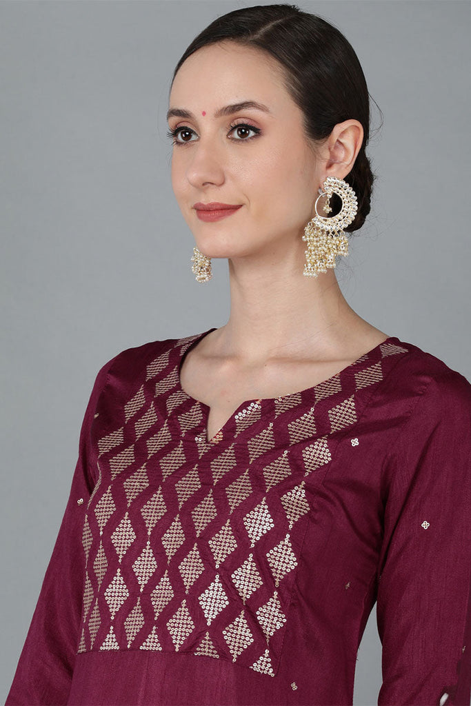  Women Burgundy Silk Blend Yoke Design Kurta Trousers With Dupatta 