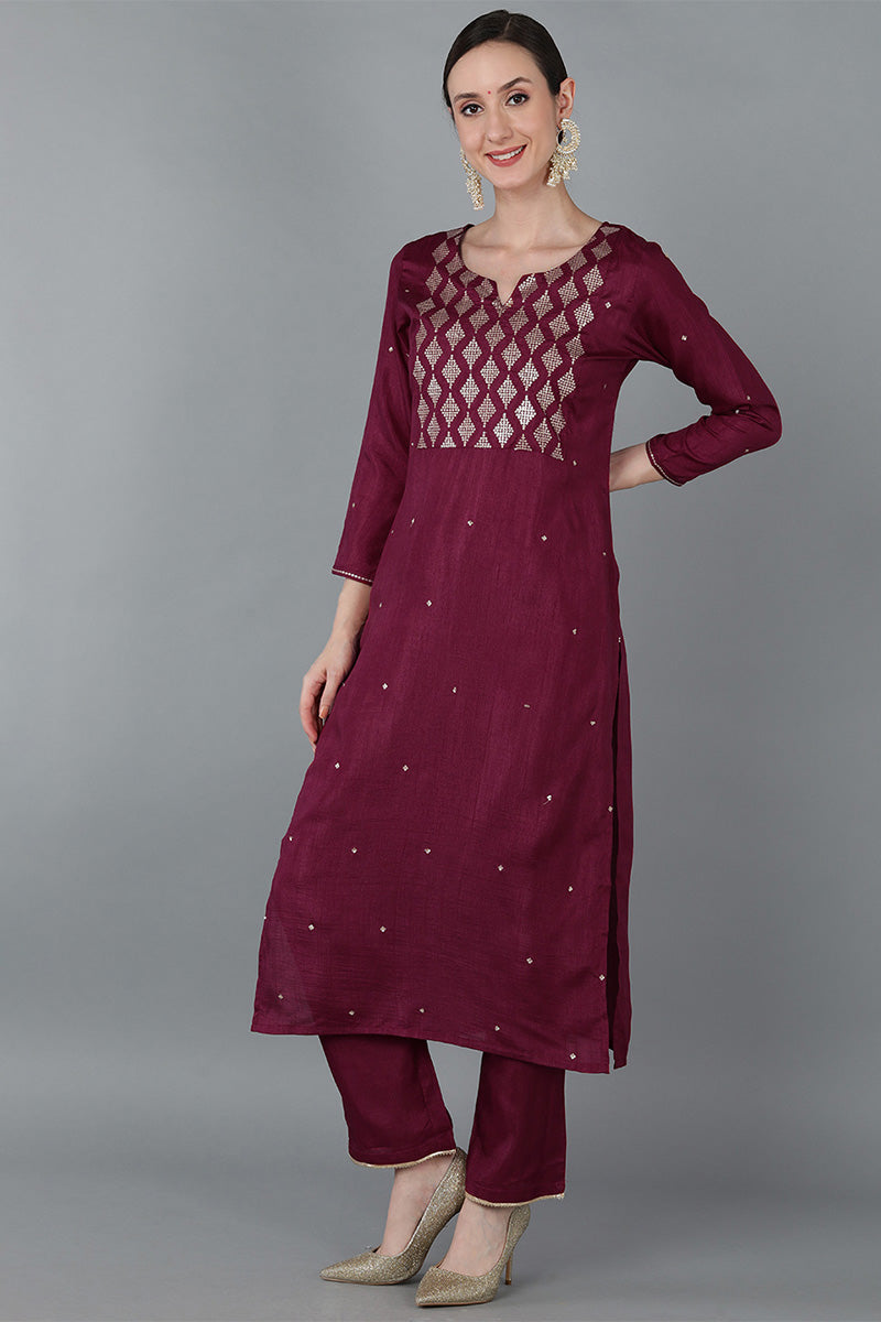  Women Burgundy Silk Blend Yoke Design Kurta Trousers With Dupatta 