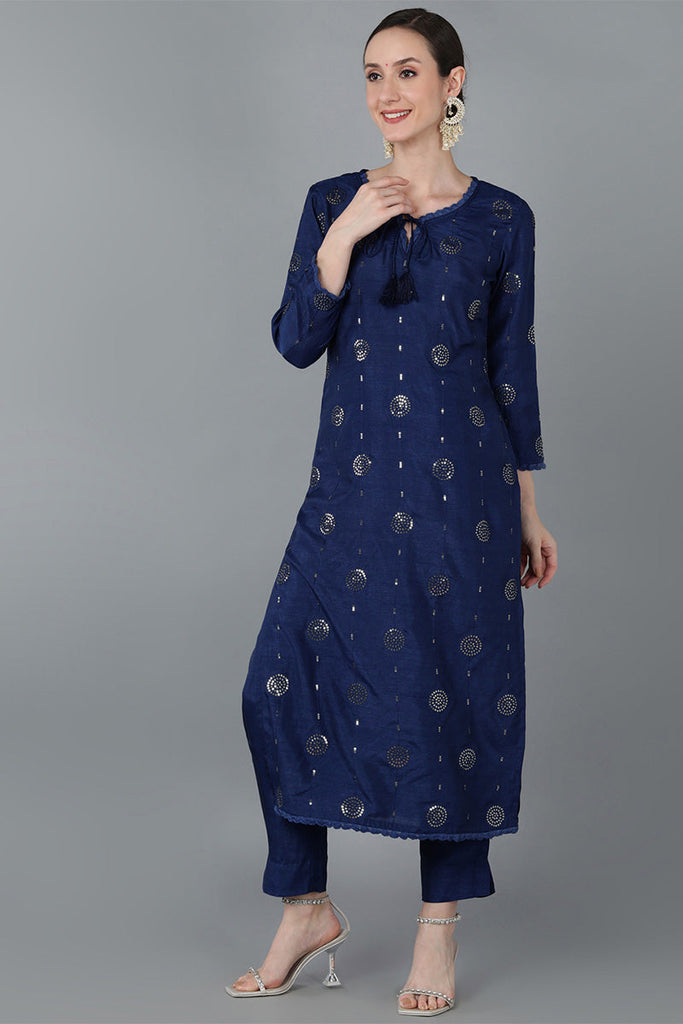  Women Navy Blue Silk Blend Solid Kurta Trousers With Dupatta 