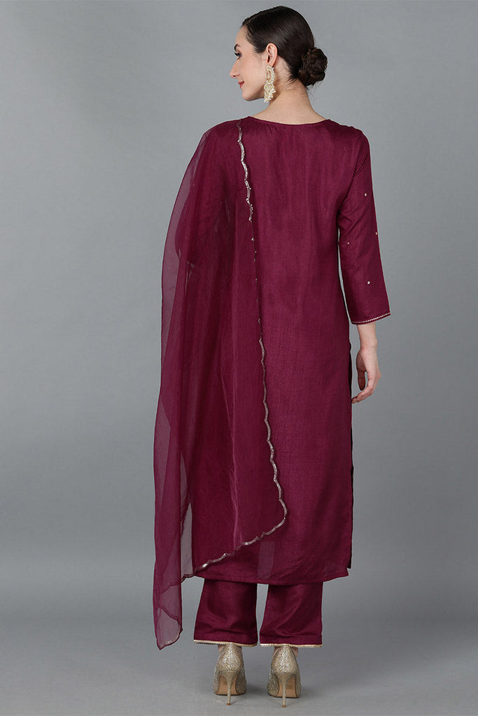  Women Burgundy Silk Blend Yoke Design Kurta Trousers With Dupatta 