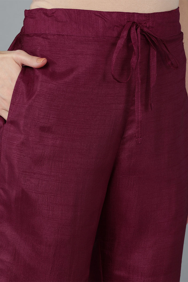  Women Burgundy Silk Blend Yoke Design Kurta Trousers With Dupatta 