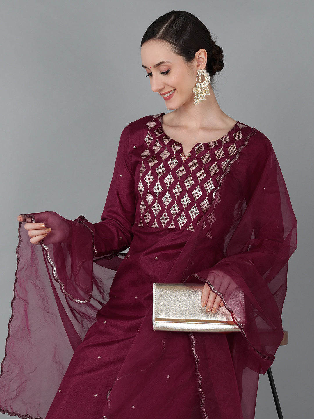  Women Burgundy Silk Blend Yoke Design Kurta Trousers With Dupatta 