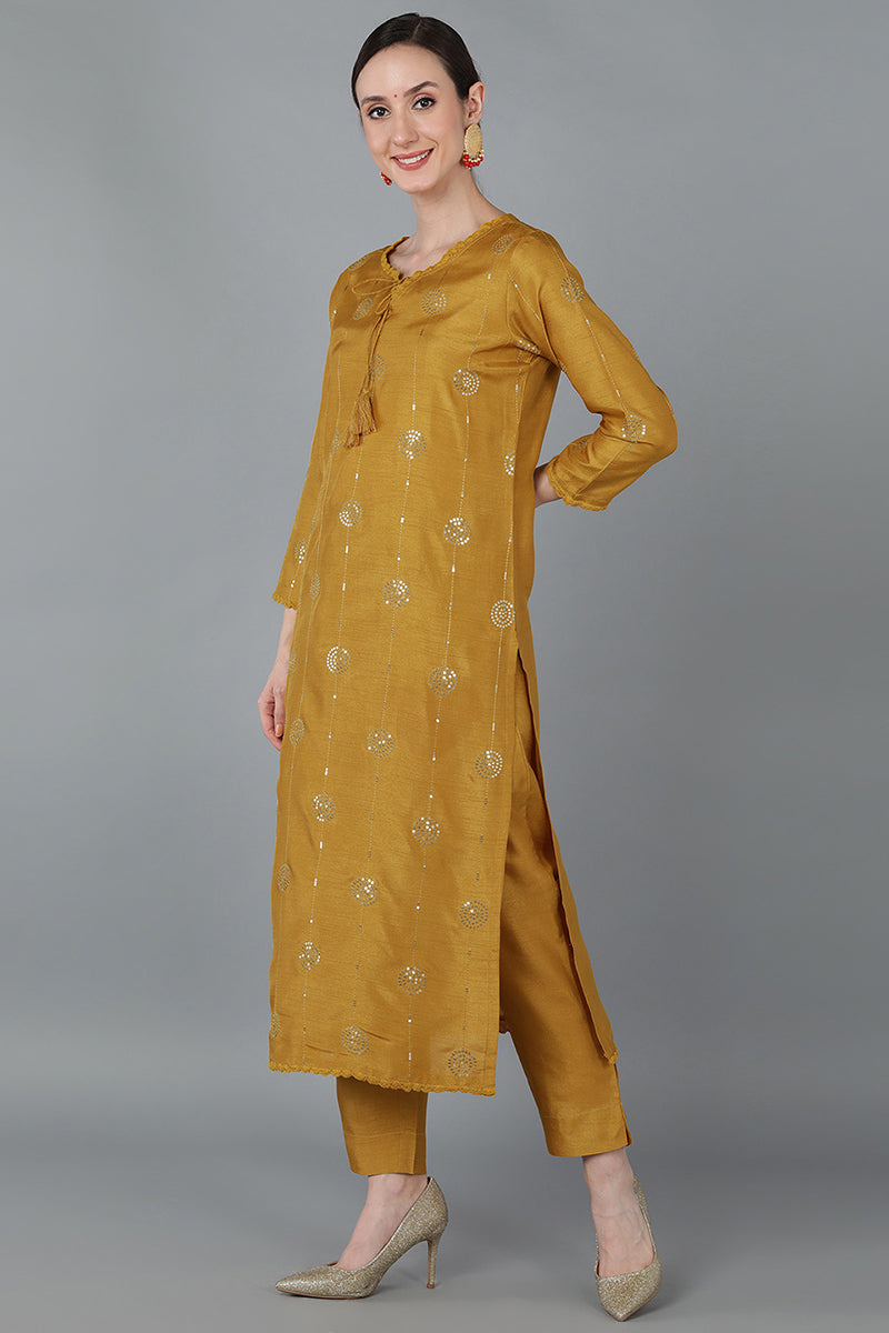 Mustard Silk Blend Ethnic Motifs Straight Suit Set PKSKD1613