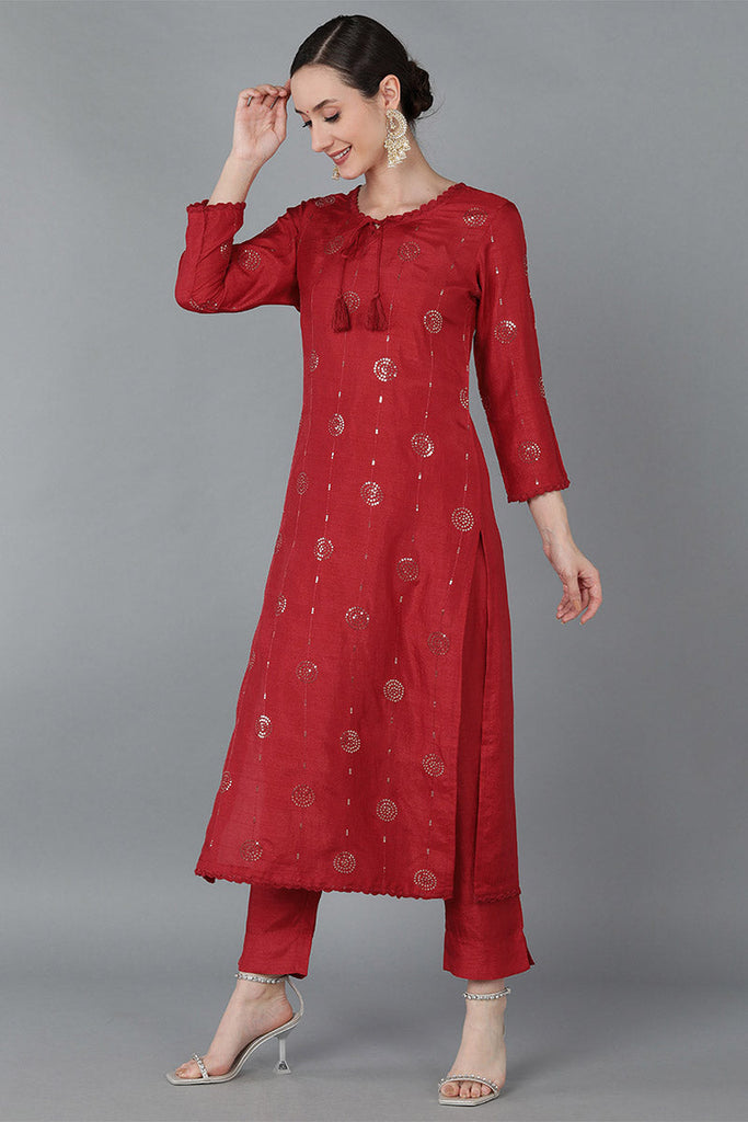  Women Red Silk Blend Solid Kurta Trousers With Dupatta 