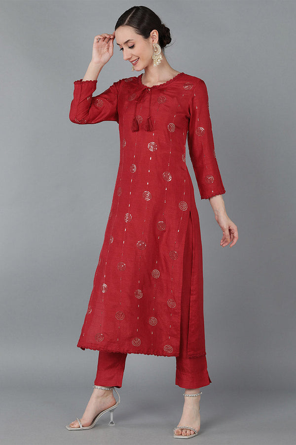  Women Red Silk Blend Solid Kurta Trousers With Dupatta 